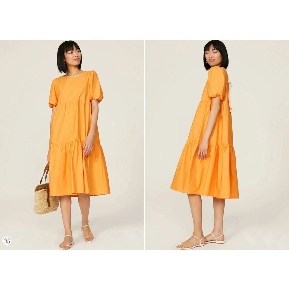 Peter Som Cotton Peach Marigold Midi Dress Cottagecore Puffy Sleeves Size 4
